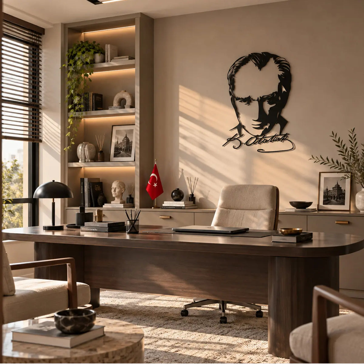 Çerçevesiz Atatürk portresi ve imza tasarımlı siyah metal duvar tablosunun geniş çalışma masasına sahip modern yönetici ofisinde kullanımı.