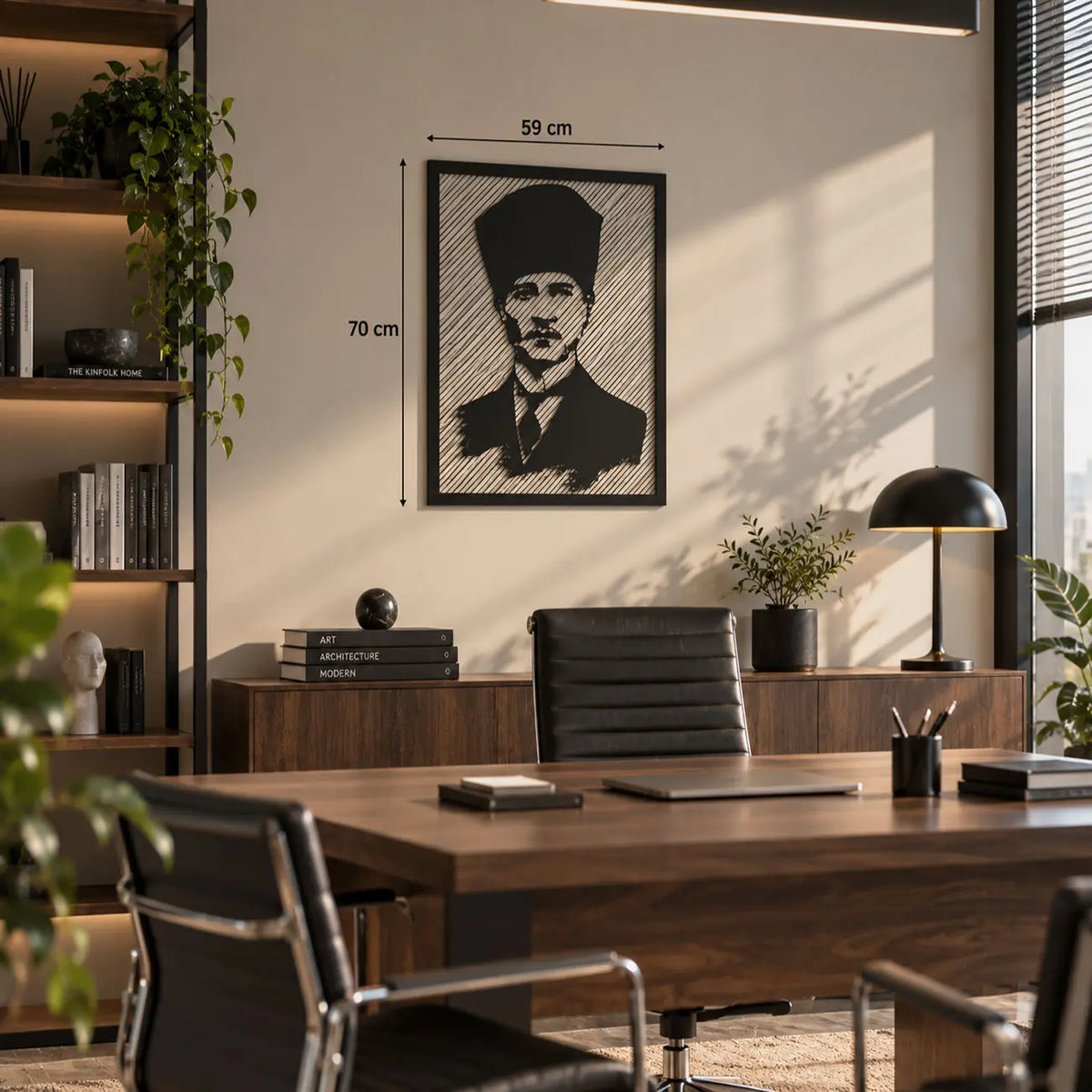 Atatürk portre tasarımlı siyah metal duvar tablosunun 59 x 70 cm ölçülerini gösteren ürün görseli.