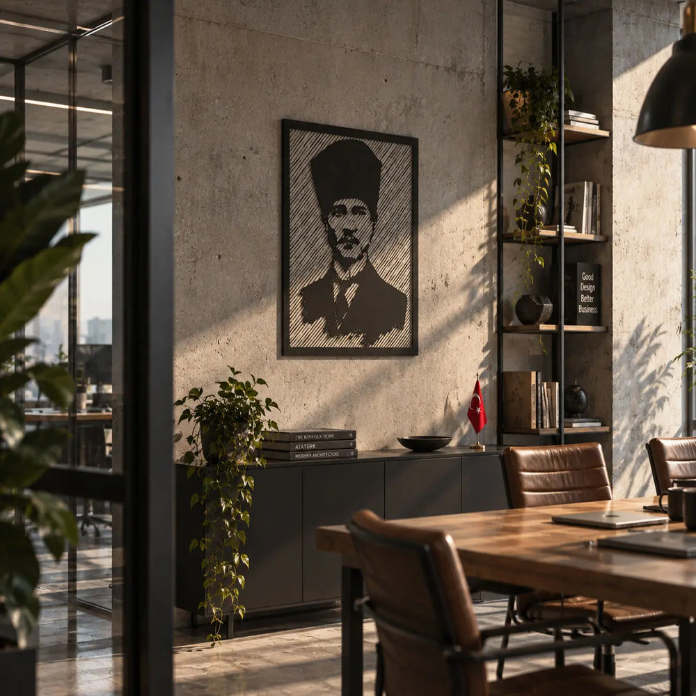 Atatürk portre tasarımlı siyah metal tablonun modern ofis ve toplantı alanındaki duvar dekorasyonu.
