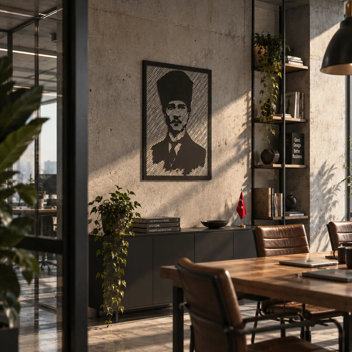 Atatürk portre tasarımlı siyah metal tablonun modern ofis ve toplantı alanındaki duvar dekorasyonu.
