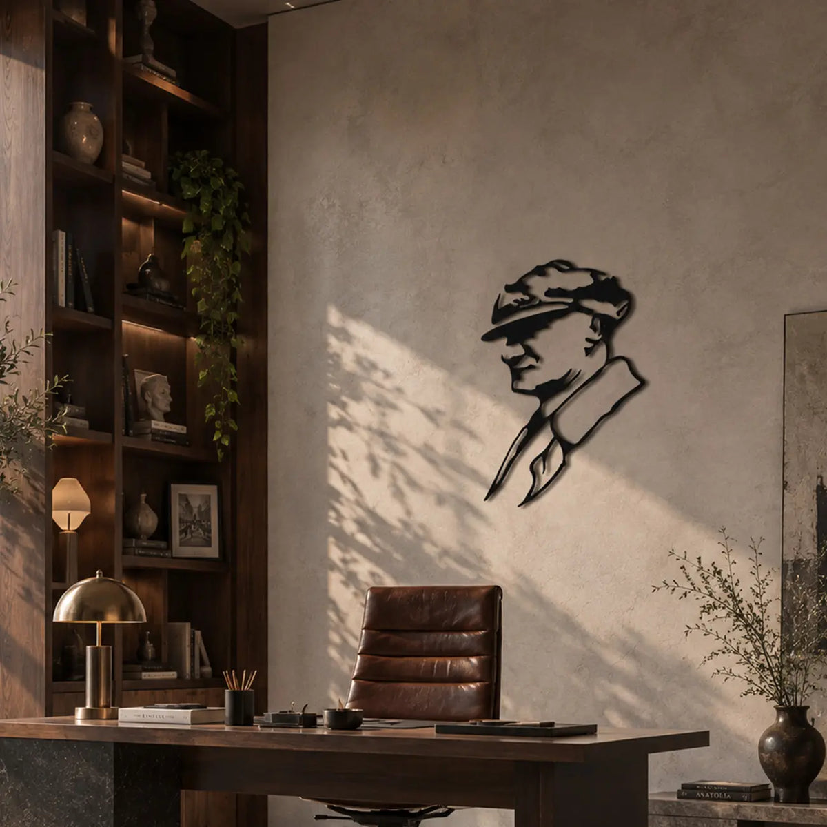 Atatürk profil tasarımlı siyah metal duvar tablosunun kitaplık, çalışma masası ve dekoratif aydınlatmaya sahip modern yönetici ofisindeki kullanımı.