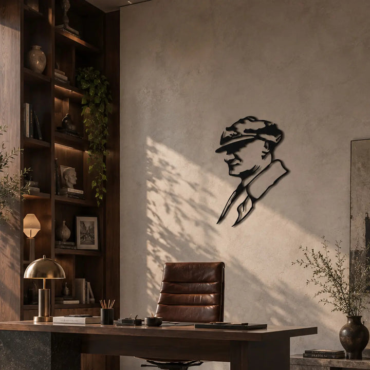 Atatürk profil tasarımlı siyah metal duvar tablosunun kitaplık, çalışma masası ve dekoratif aydınlatmaya sahip modern yönetici ofisindeki kullanımı.