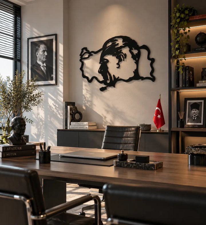 Atatürk profilini Türkiye haritası formuyla birleştiren siyah metal duvar tablosunun modern ofis ve yönetici çalışma alanındaki kullanımı.