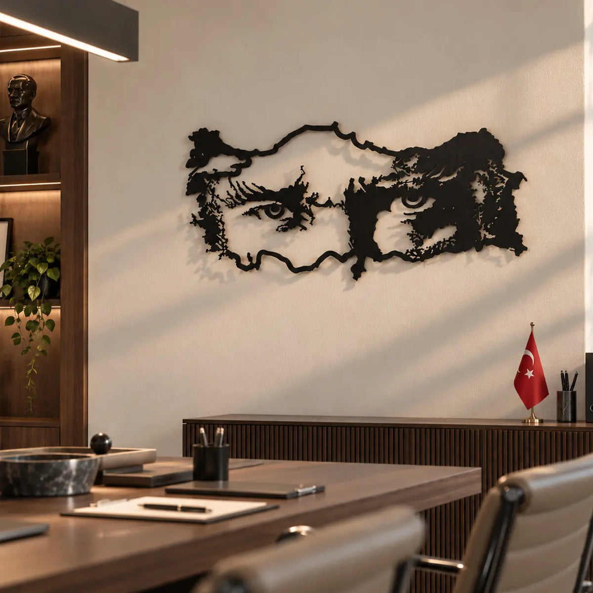 Atatürk ve Türkiye haritası tasarımlı siyah metal duvar tablosunun modern toplantı odasında, toplantı masasının arkasındaki duvarda şık ve kurumsal metal duvar dekorasyonu olarak kullanımı.