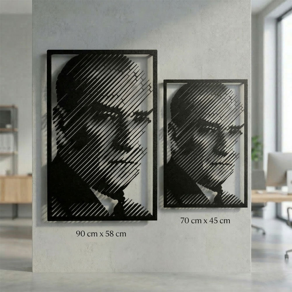 90x58 cm ve 70x45 cm boyut seçenekleriyle lüks ofis dekorasyonu için tasarlanmış vizyoner Atatürk metal silüeti.