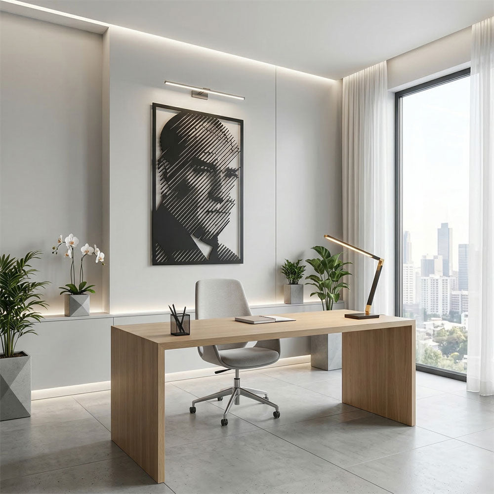 Yönetici ofisleri ve modern salonlar için prestijli bir odak noktası oluşturan, vizyoner duruşlu textüre siyah Atatürk portresi.