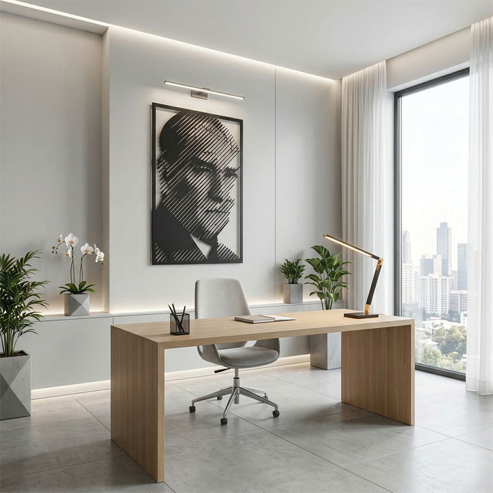 Yönetici ofisleri ve modern salonlar için prestijli bir odak noktası oluşturan, vizyoner duruşlu textüre siyah Atatürk portresi.