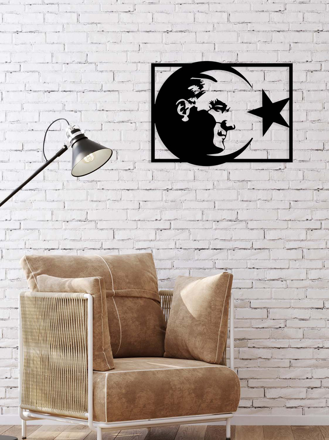 Duvardan 2cm önde duran Ay Yıldızlı Atatürk tablo - Nöro-estetik gölge ve gerçekçi derinlik.