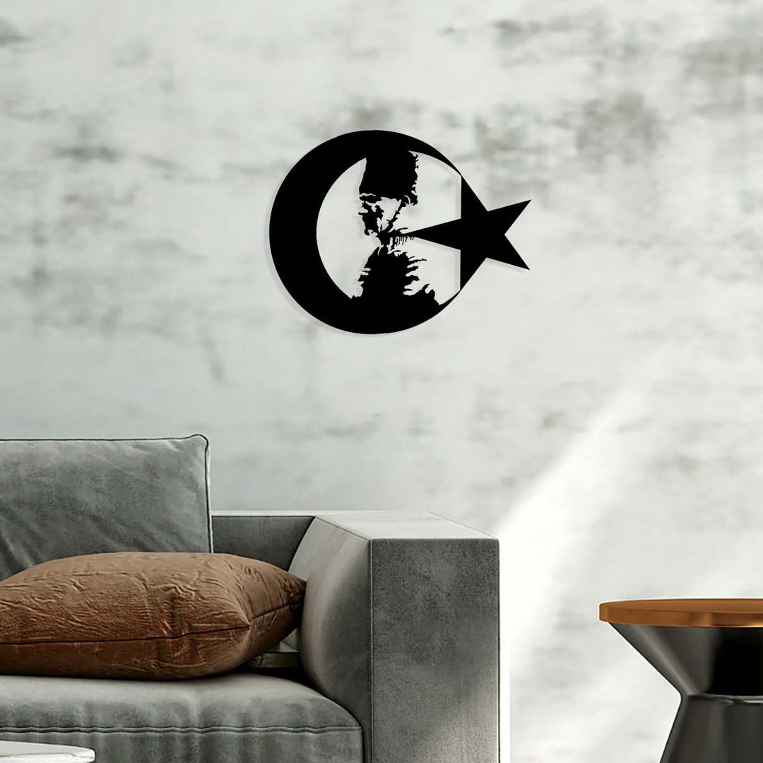 Ay ve Yıldız içinde Atatürk silüeti metal duvar tablosu - Zafer Hazinesi sanatsal dekor.