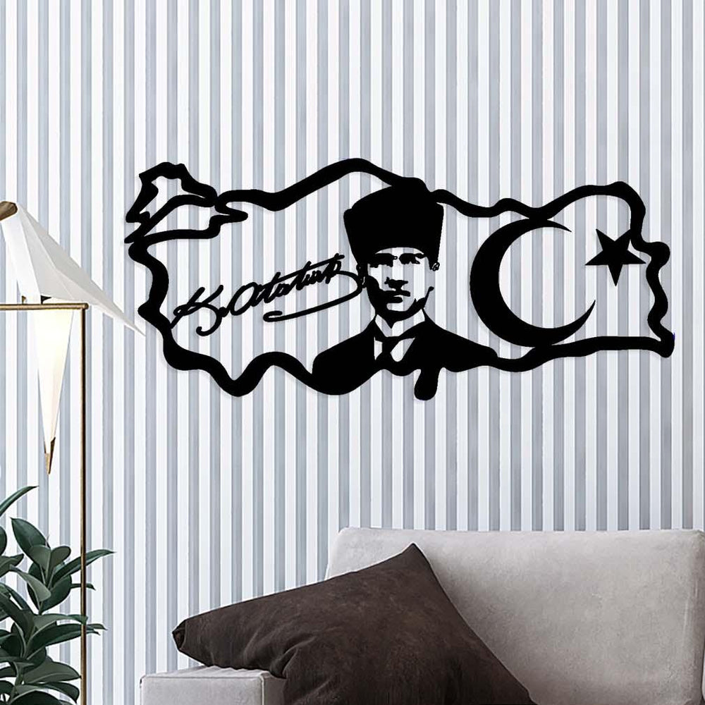 1.5mm çelik lazer kesim detaylı Başkomutan Atatürk silüeti - Artroya mat siyah yüzey kalitesi.