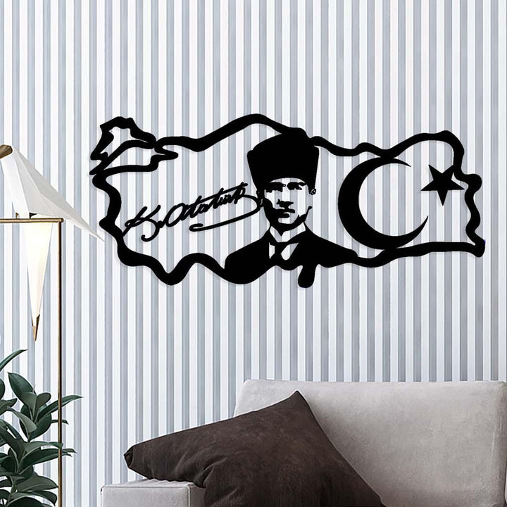 1.5mm çelik lazer kesim detaylı Başkomutan Atatürk silüeti - Artroya mat siyah yüzey kalitesi.