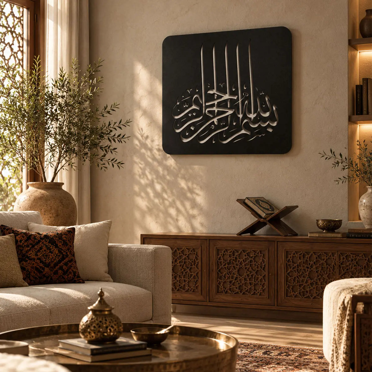 Bismillahirrahmanirrahim yazılı siyah metal Besmele duvar tablosunun modern oturma alanındaki görünümü; Kufi hat sanatı tasarımı ve tek çiviyle kolay duvar montajına uygun yapısıyla şık İslami metal dekorasyon.