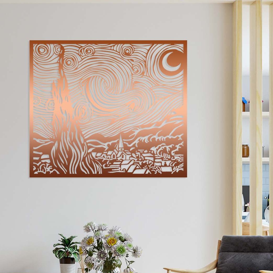 Bronz Yıldızlı Gece Van Gogh Metal Tablo - Lüks ve Prestijli İç Mekan Tasarımı