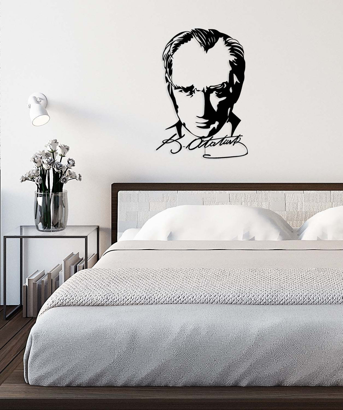 Duvardan 2cm önde duran çerçevesiz Atatürk metal tablo - Nöro-estetik gölge ve derinlik.