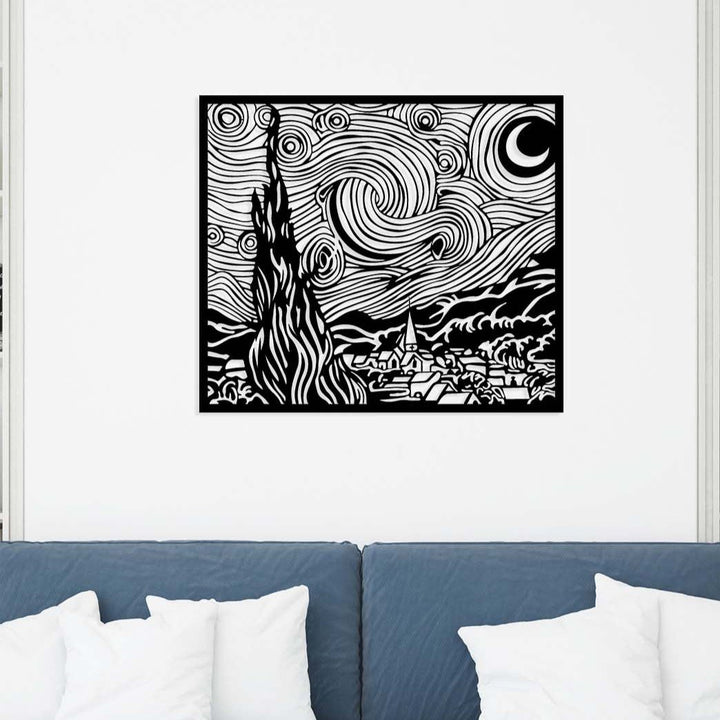 Endüstriyel Stil ve Loft Dekorasyon İçin Siyah Van Gogh Yıldızlı Gece Metal Pano