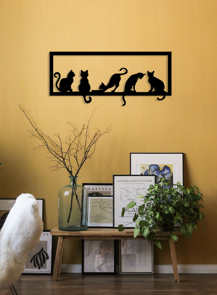 Antre ve Koridor Dekorasyonu İçin Siyah Metal Kedi Grubu Duvar Dekoru