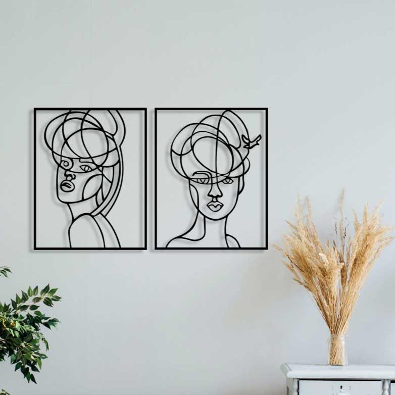 Gizemli İkili Soyut Kadın Silüeti Siyah Metal Duvar Tablosu Seti - Modern Sanat Dekor