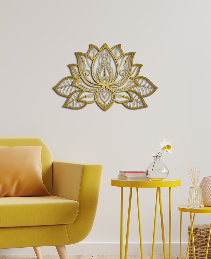 Gold (Altın) 3D Lotus Metal Duvar Tablosu - Lüks Salon Dekorasyonu İçin Katmanlı Heykel