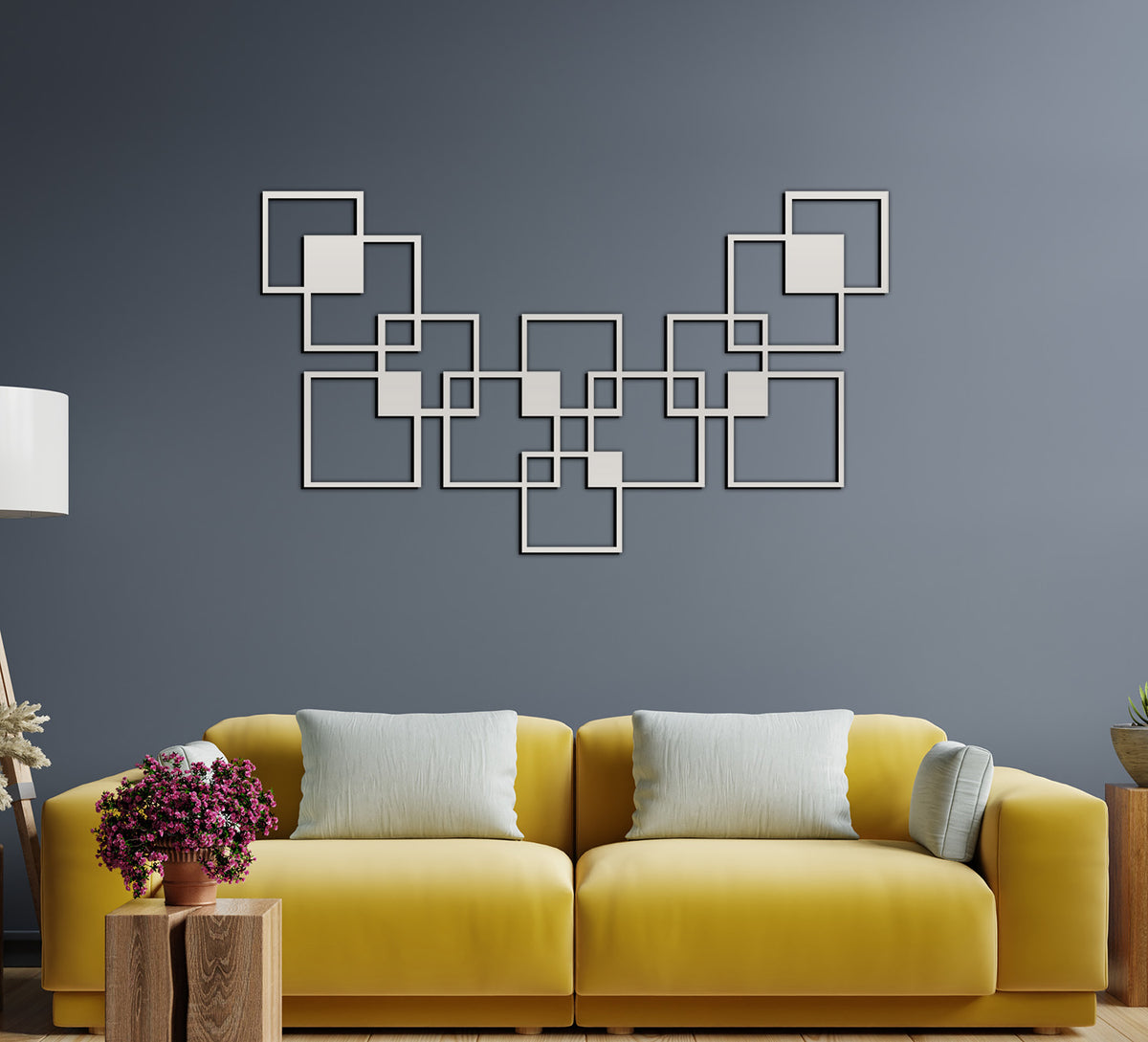 Gümüş 3D Kare Metal Tablo ve 2cm Duvar Gölge Derinliği Perspektifi