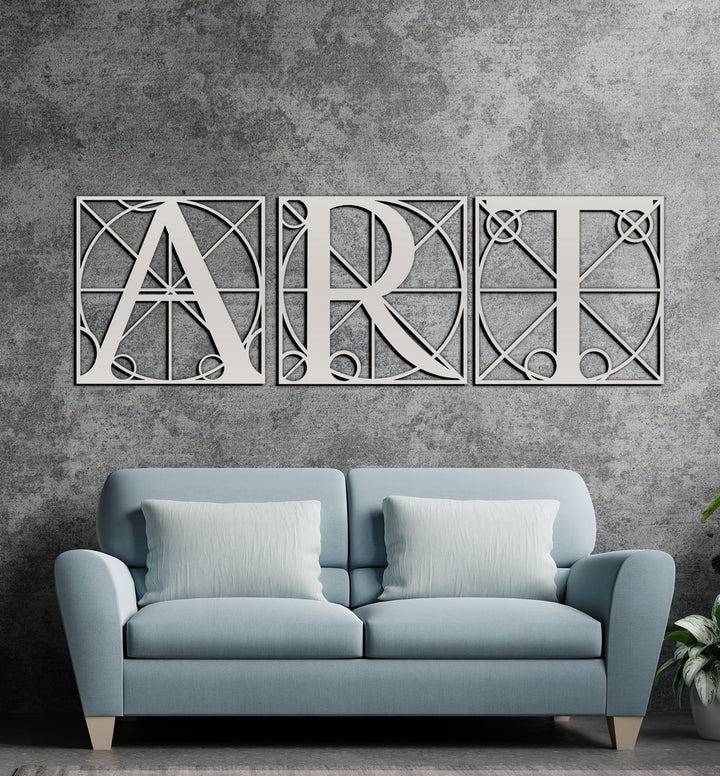 Gümüş Modern Salon Dekorasyonu İçin 3 Parçalı ART Yazılı Metal Pano