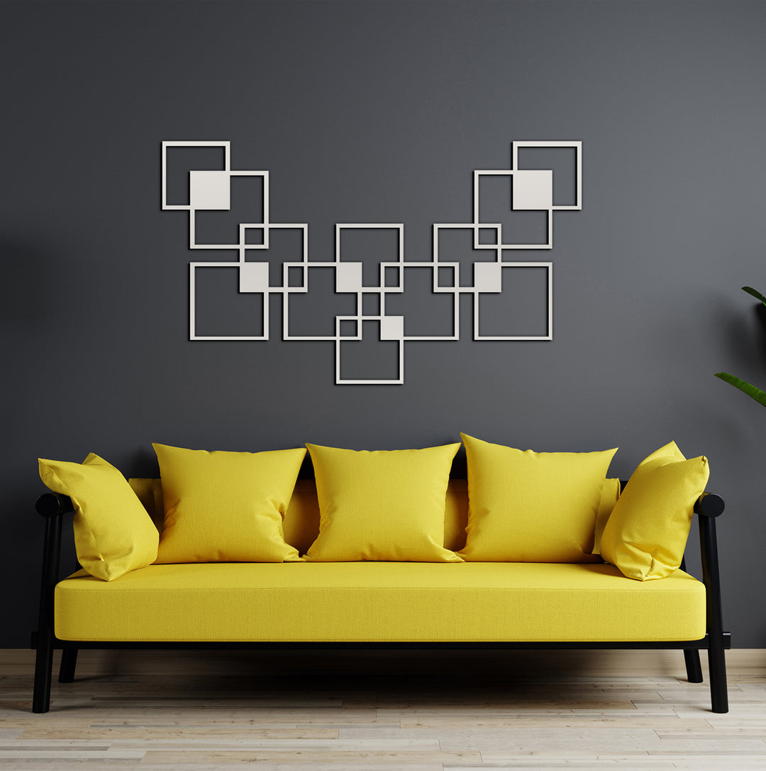 Gümüş Quadrart Geometrik Kare Modern Metal Duvar Panosu