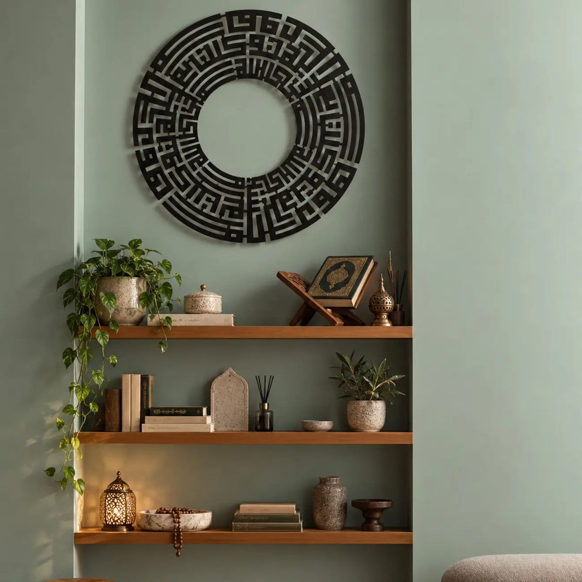 Hasbiyallahu Tevbe Suresi 129. Ayet Metal Tablo'nun siyah metal, dairesel geometrik hat tasarımı kitaplık duvarında sergileniyor. Açık kesim boşlukları ve katmanlı çizgileri ürünün özgün formunu ortaya çıkarıyor.