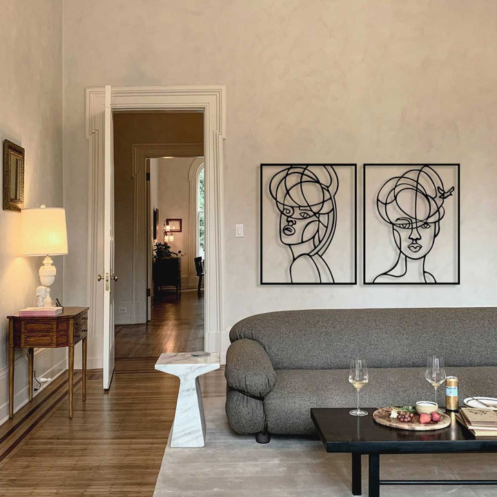 Modern Salon Dekorasyonu İçin İkili Soyut Metal Duvar Panosu Seti - Siyah Mat Şıklık