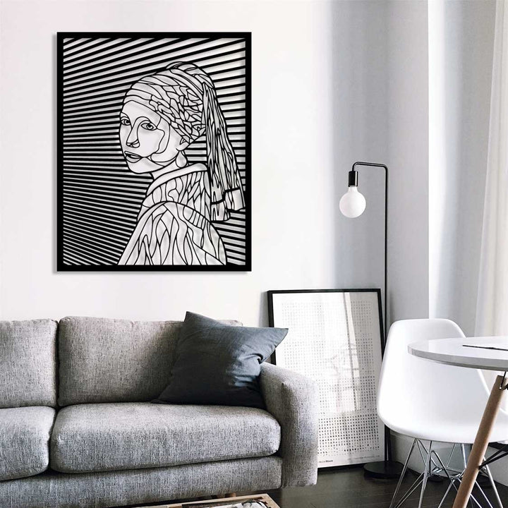 İnci Küpeli Kız Modern Portre Siyah Metal Duvar Tablosu - Vermeer Sanat Koleksiyonu