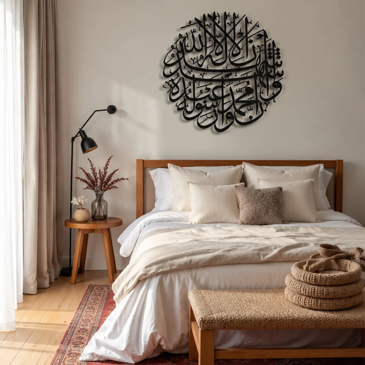 Kelime-İ Şehadet Metal Duvar Tablosu, yatak başlığının üzerinde konumlandırılmış siyah metal Arapça hat tasarımıdır. Yuvarlak formu ve belirgin kaligrafik çizgileriyle duvarda dikkat çekiyor.