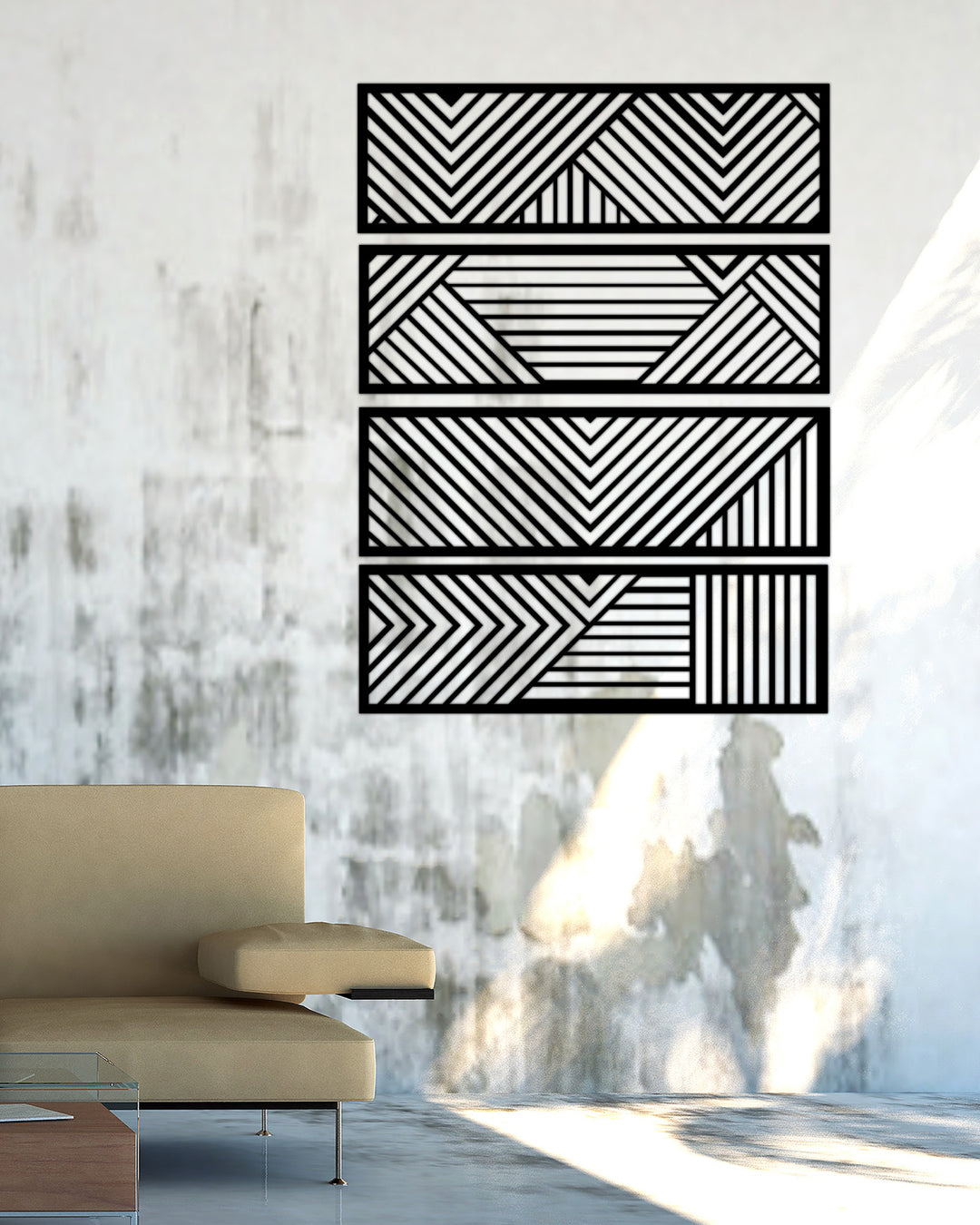 Linear Rhythm 4 Parçalı Modern Geometrik Metal Tablo Seti