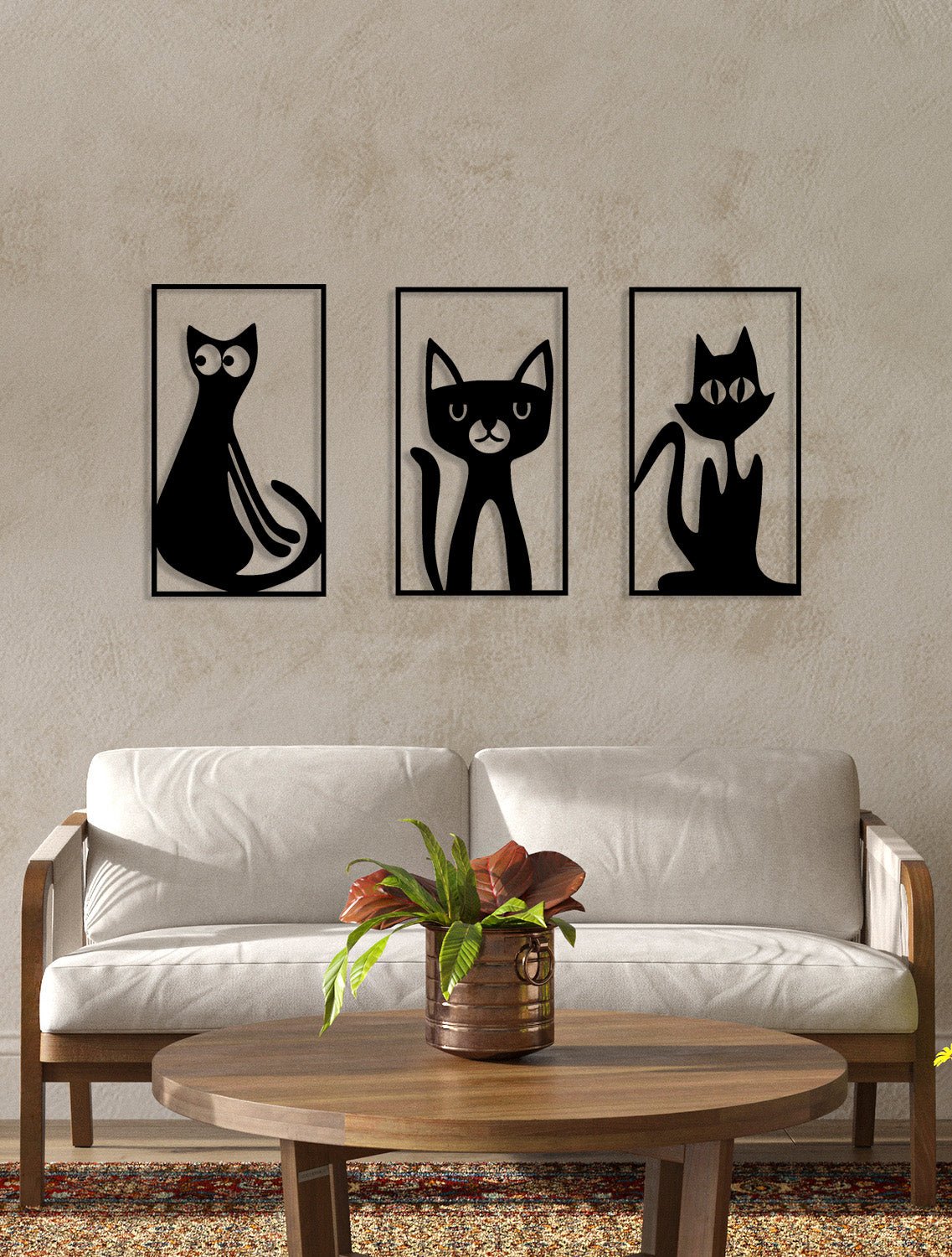 Salon ve Evcil Hayvan Köşesi İçin Üçlü Siyah Metal Kedi Panosu