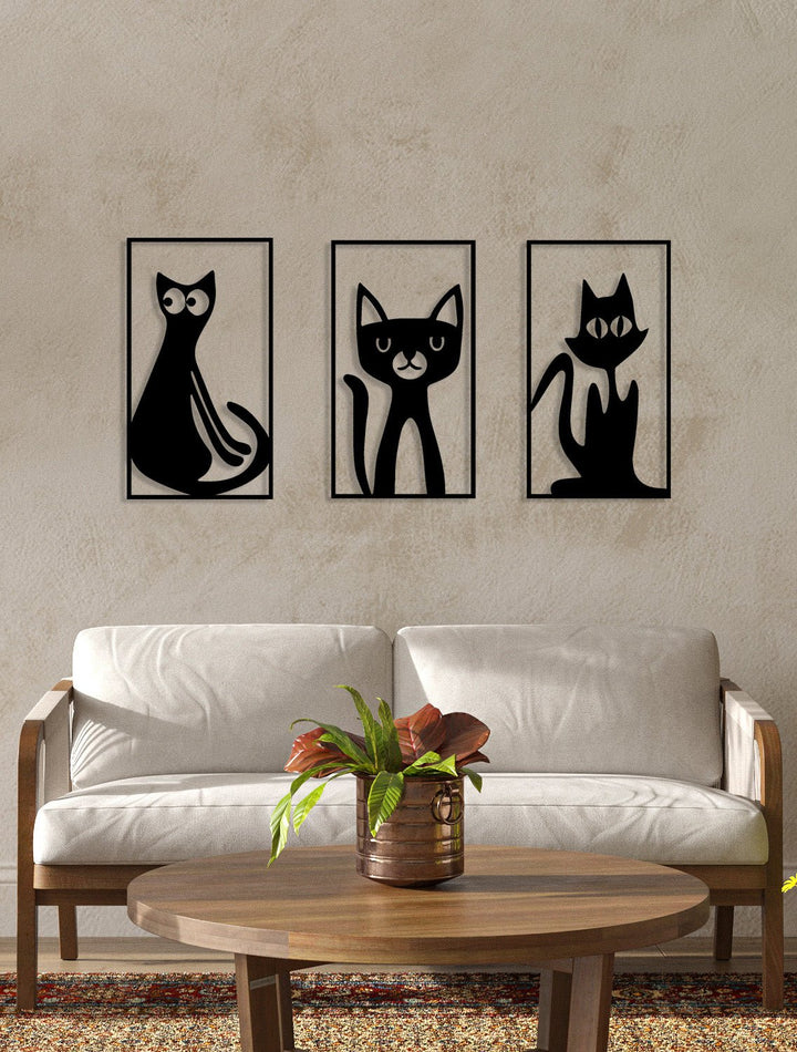 Salon ve Evcil Hayvan Köşesi İçin Üçlü Siyah Metal Kedi Panosu
