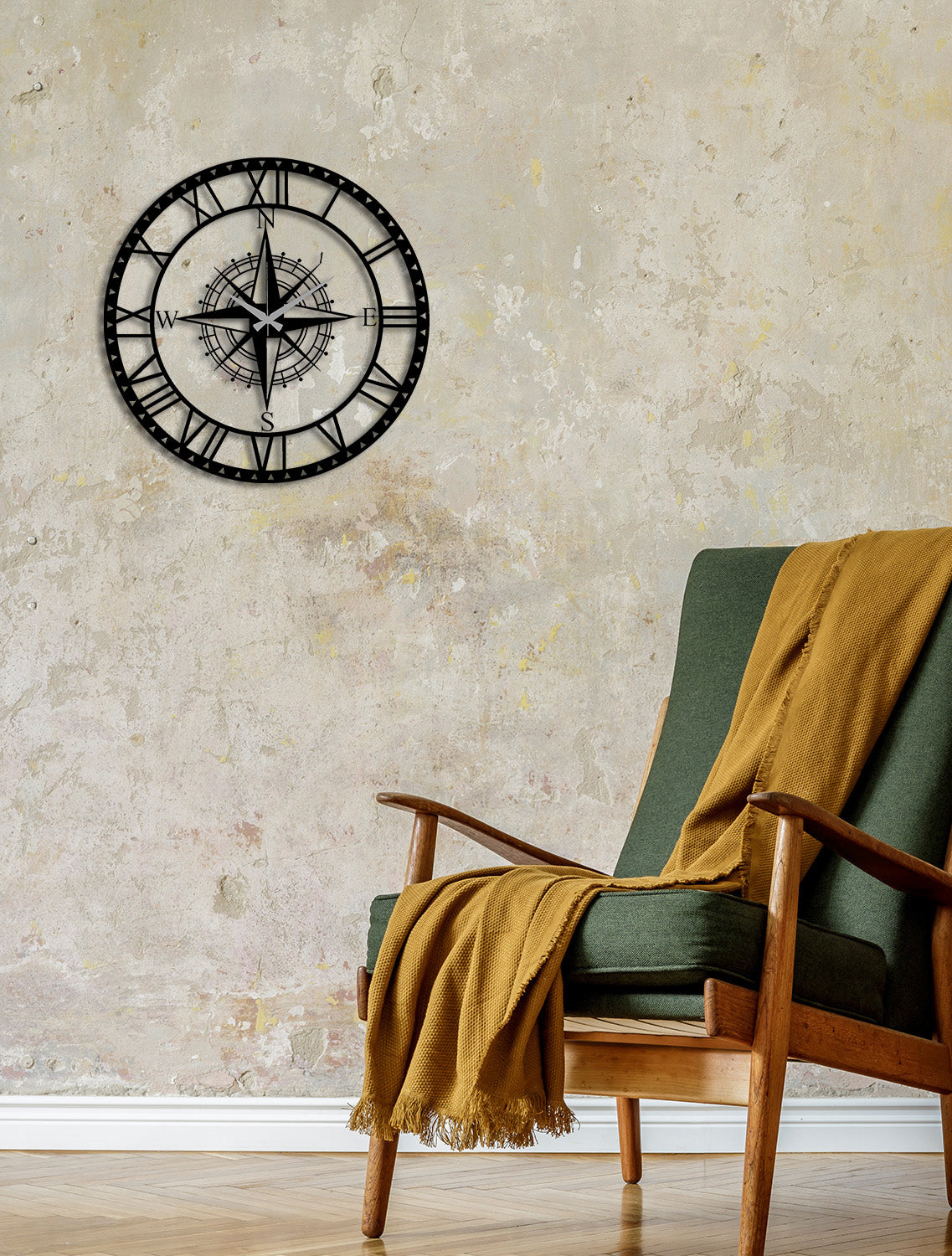 Marin Temalı Dekorasyon İçin %100 Sessiz Akar Siyah Metal Pusula Saati