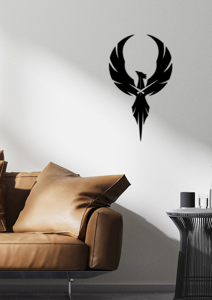 Phoenix Ascendance Mat Siyah Metal Duvar Saati - Modern Anka Tasarımı