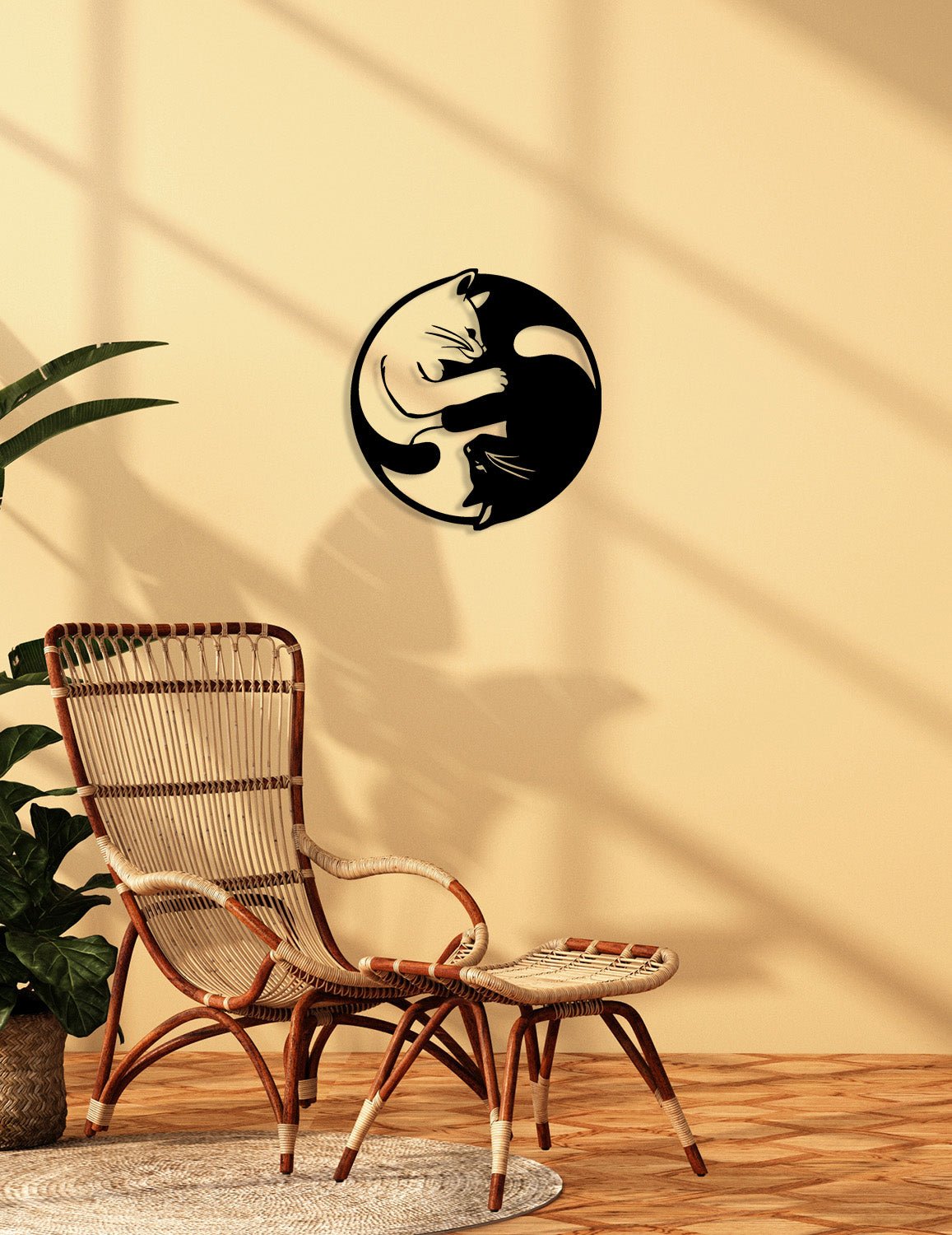 Meditasyon ve Yoga Odası İçin Siyah Metal Kedi Ying Yang Panosu