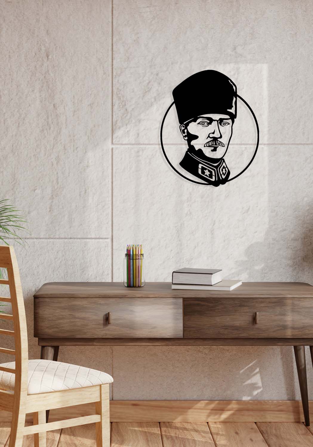 Duvardan 2cm önde duran Atatürk metal tablo - Nöro-estetik derinlik yaratan sanatsal gölge.