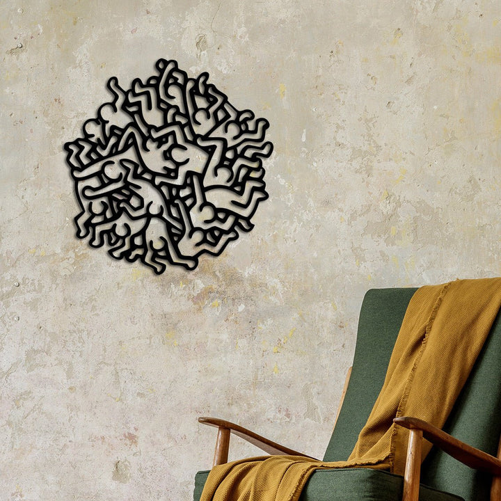 Modern Keith Haring Dans Eden Figürler Siyah Metal Duvar Tablosu - Pop Art Koleksiyonu