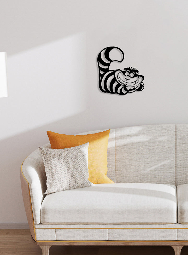 Modern Salon Dekorasyonu İçin Harikalar Diyarı Temalı Kedi Metal Pano