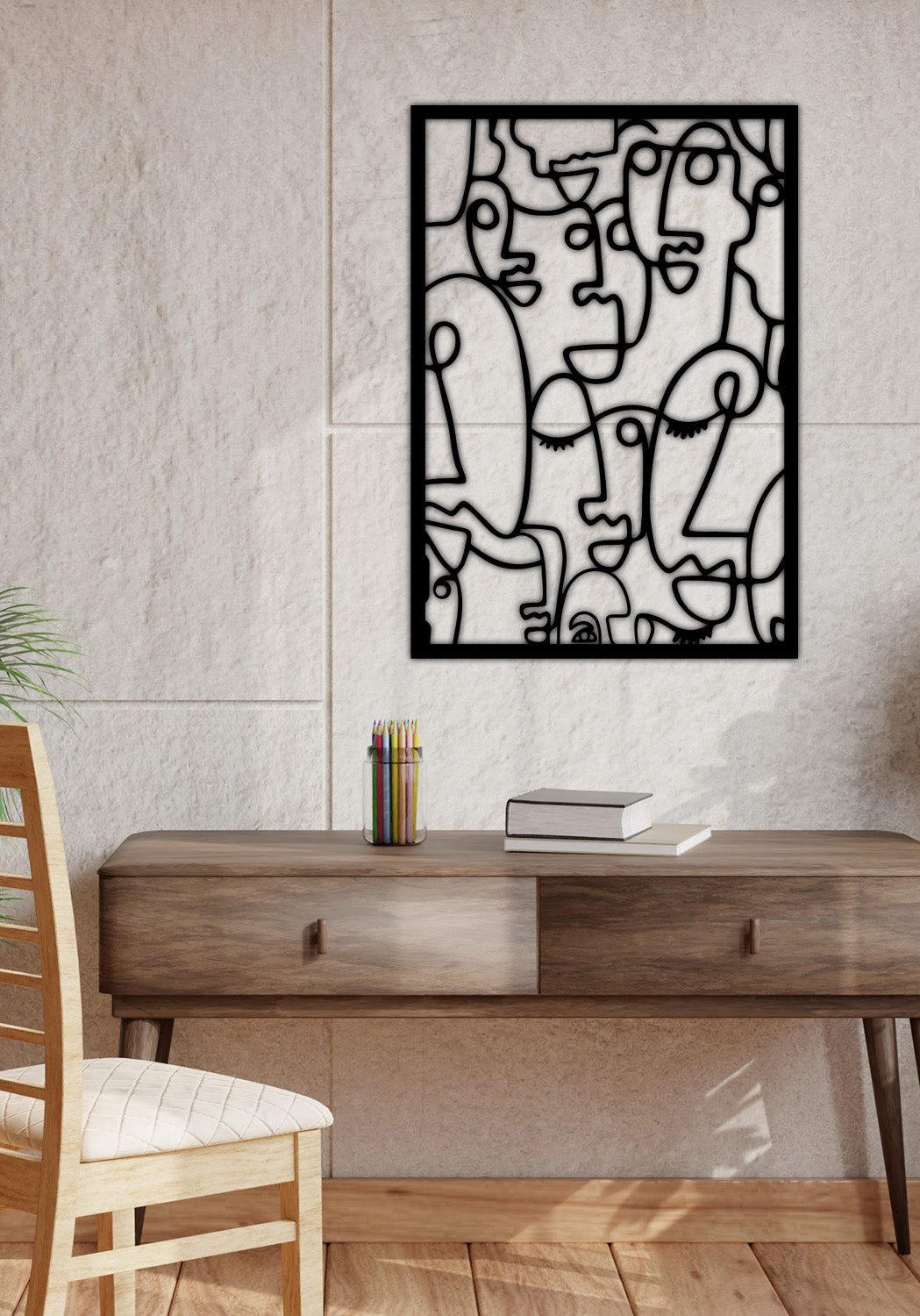 Modern Mixed Faces İç İçe Geçmiş Soyut Yüzler Siyah Metal Duvar Tablosu