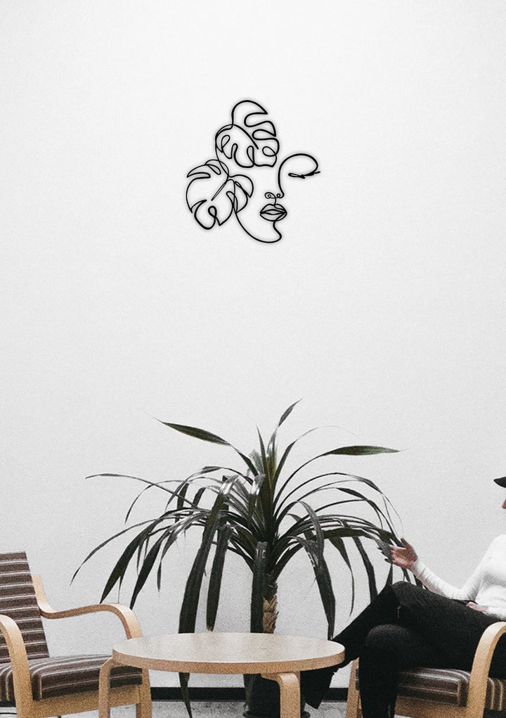 Modern Monstera Face Botanik ve Kadın Silüeti Siyah Metal Duvar Tablosu