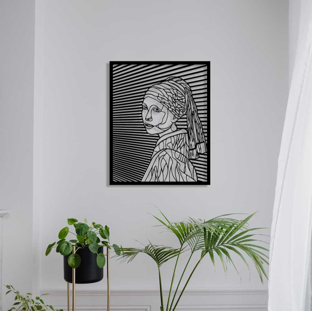 Modern Salon Dekorasyonu İçin Sanatsal İnci Küpeli Kız Metal Duvar Panosu