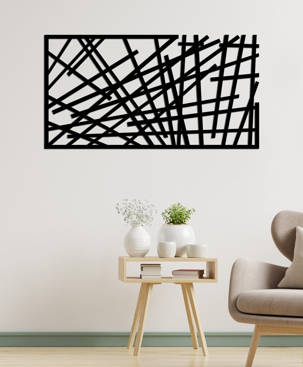 Modern Salon Dekorasyonu İçin Geometrik Çizgili Metal Tablo