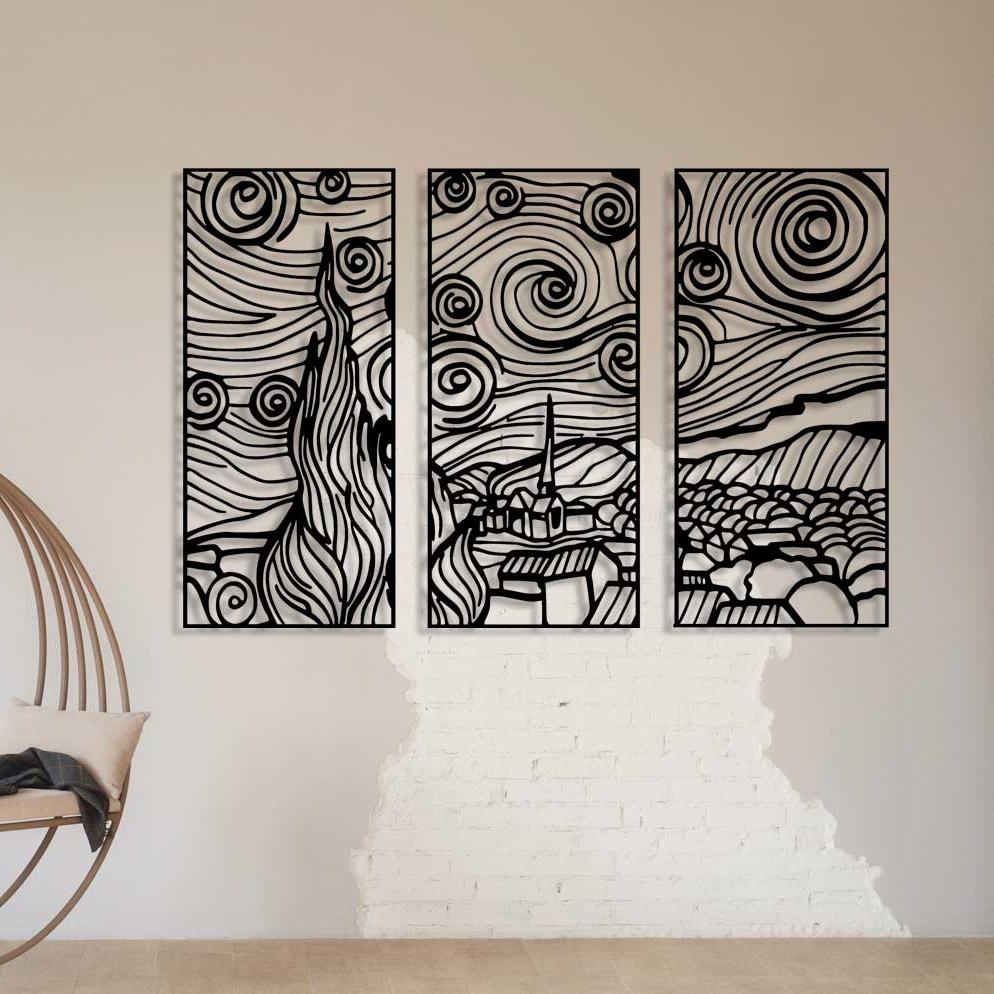 Yıldızlı Gece Üçlemesi 3'lü Metal Duvar Tablosu Seti - Van Gogh İlhamlı Modern Sanat - Artroya