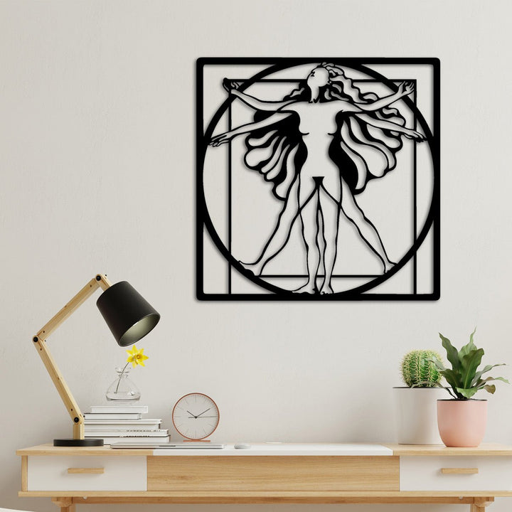 Modern Vitruvius Adamı Geometrik Siyah Metal Duvar Tablosu - Altın Oran Koleksiyonu