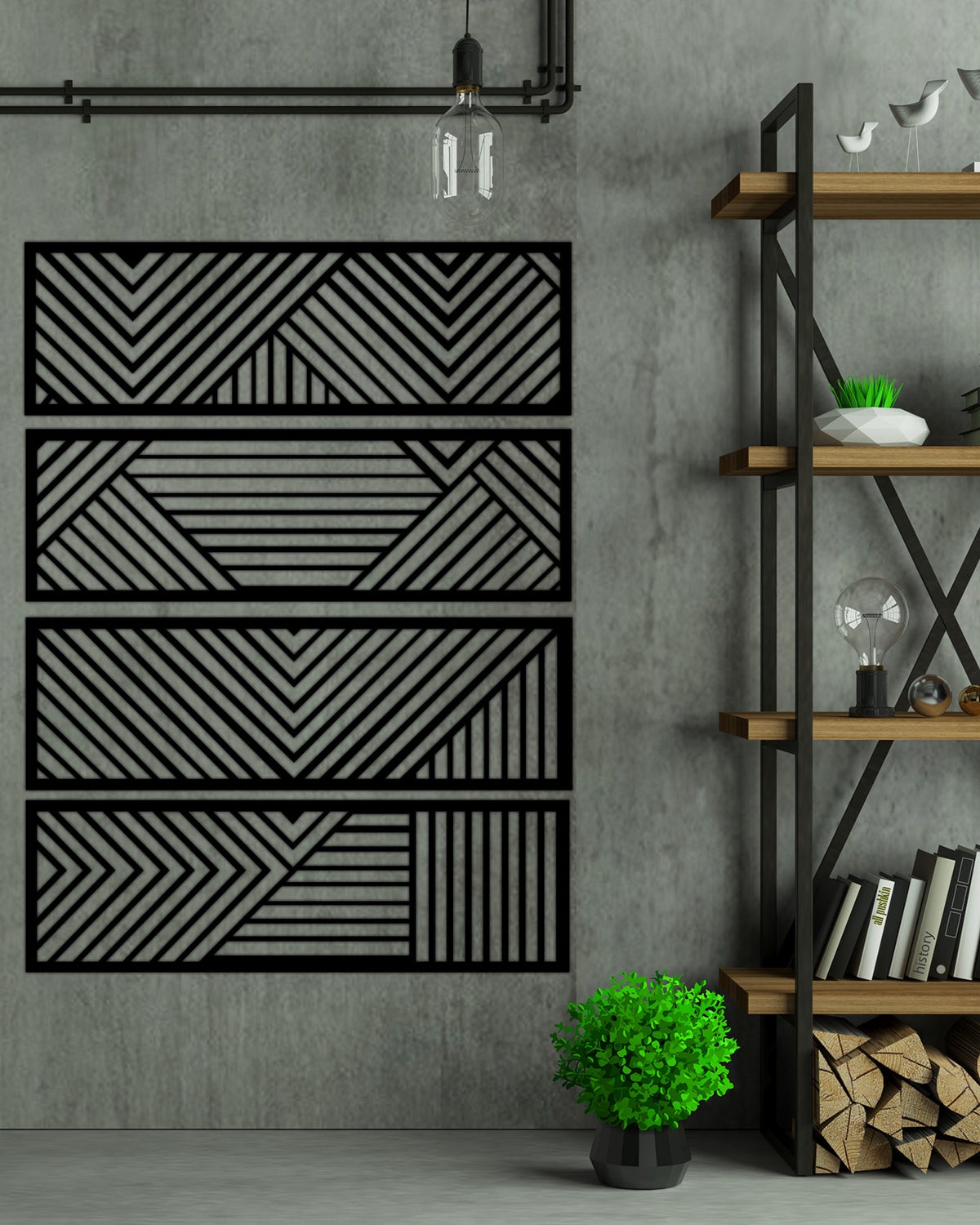 Modüler Geometrik Metal Pano 4'lü Set Detayı ve Çizgi Akışı