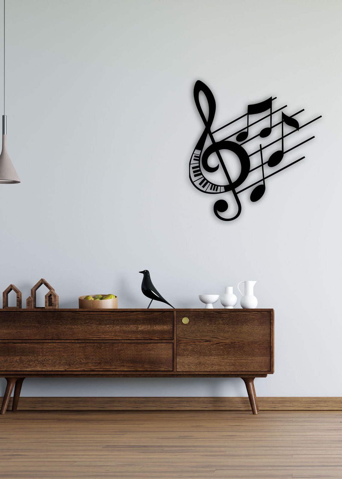 Müzik Odası Duvar Sanatı İçin Siyah Metal Piyano ve Nota Hibrit Dekoru