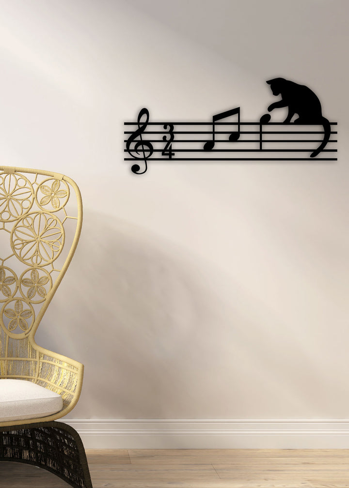 Piyano Odası Duvar Dekorasyonu İçin Sempatik Notalı Kedi Metal Tablo