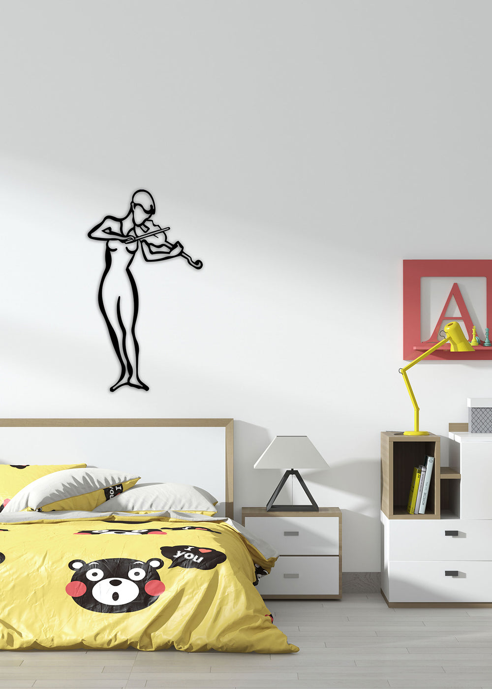 1.5 mm Çelik Üzerine Kesintisiz Tek Hat (Line Art) Keman Çalan Kadın Hassas Lazer Kesim