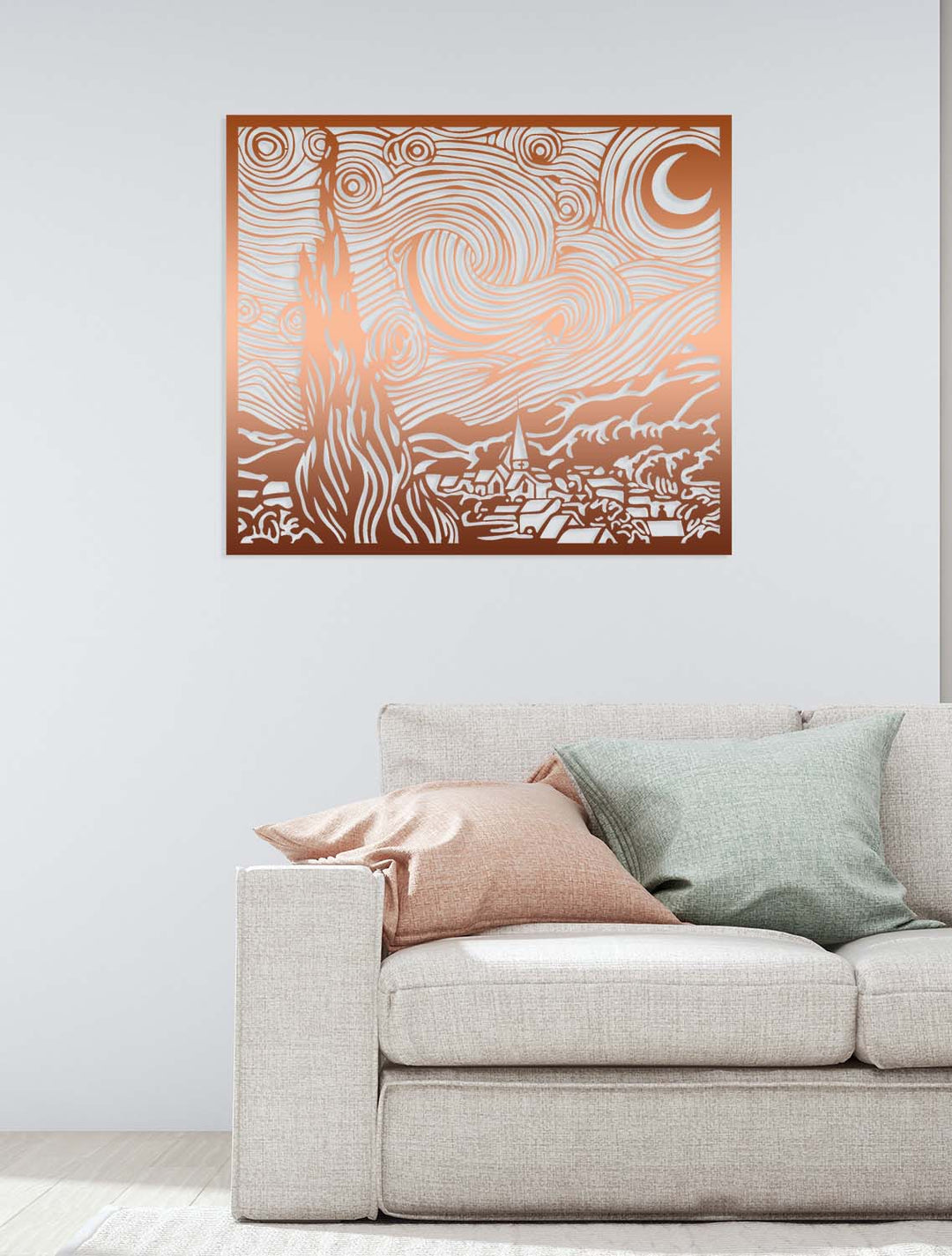 Salon İçin Sıcak Tonlarda Bronz Yıldızlı Gece Metal Duvar Dekoru