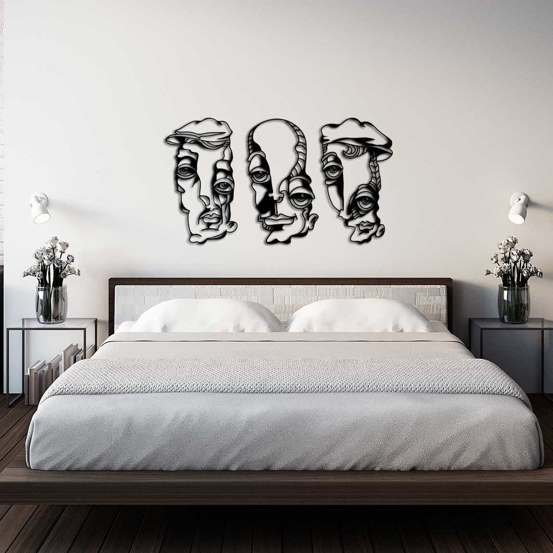 Soyut Üçlü Modern Geometrik Siyah Metal Duvar Tablosu Seti - Triptik Sanat Dekorasyonu